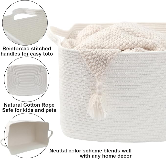 65L Collapsible Woven Rope Laundry Basket with Handles, White | 21x16x12 Foldable Rectangular Blanket Basket for Toys, Clothes & Pillows,Ideal for Nursery, Bathroom, Bedroom, Living Room