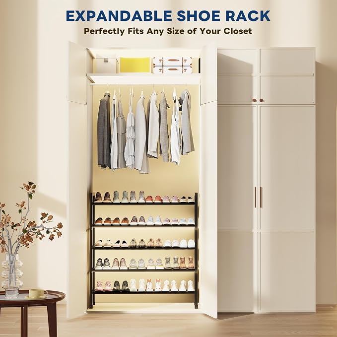 Mavivegue 5-Tier 19"-43.3" Adjustable Shoe Rack for Closet,Expandable Shoe Rack, Hall Entryway,Front Door,Garage, Sturdy Steel Space-Saving Rack, Black