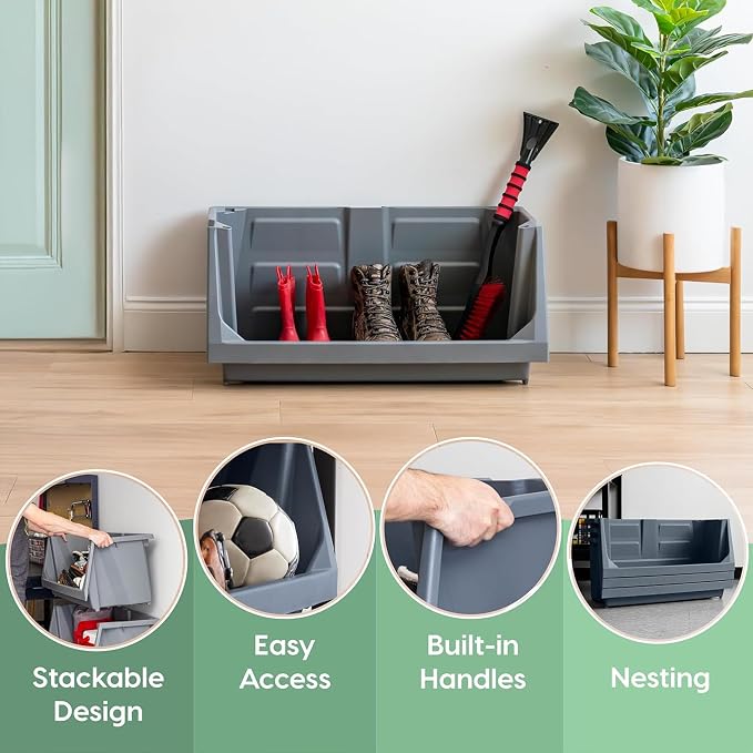 IRIS USA Open Front Storage Bins, Jumbo Stackable Storage Bins, 3 Pack | Heavy-duty interlocking bins provide open-front access for garage tools, hardware, sporting goods, and workshop storage.