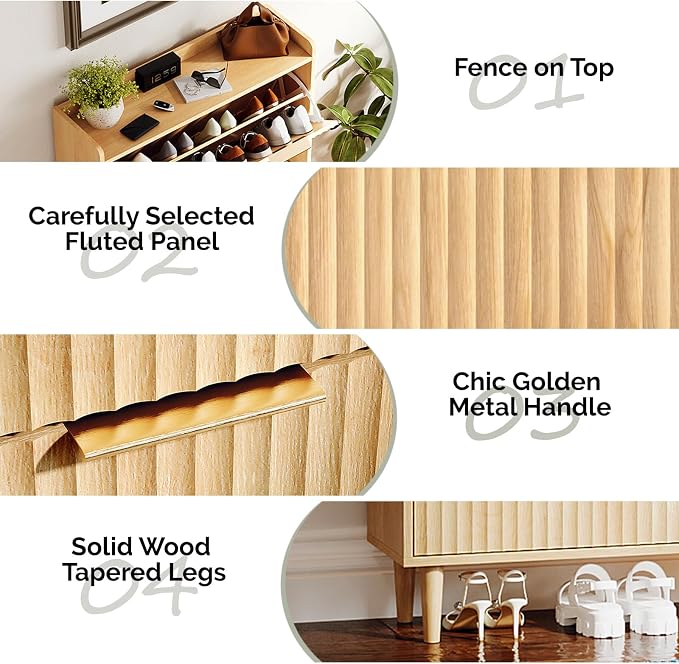 VINGLI Fluted Shoe Storage Cabinet for Entryway with 3 Flip Drawers, Narrow Shoe Organizer with Fluted Panel, Freestanding Wood Hidden Shoe Cabinet for Foyer, Hallway (Oak, 3 Flip Drawers)