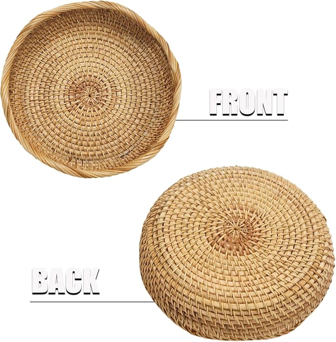 8.7" Round Rattan Basket Small Wavy Edge Handwoven Wicker Tray | Round Wicker Bowl for Fruit Bread Keys, Natural Handwoven Basket for Kitchen Entryway Table, Rustic Boho Decor Gift Accent