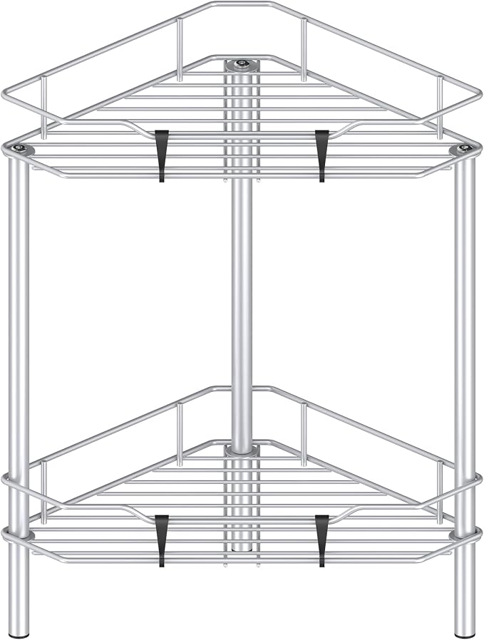 HuggieGems 2 Tier Floor Standing Corner Shower Caddy Organizer Shelf with Hooks, Bathroom Shelves Stand Rack, Silver