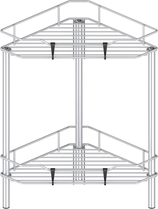 HuggieGems 2 Tier Floor Standing Corner Shower Caddy Organizer Shelf with Hooks, Bathroom Shelves Stand Rack, Silver