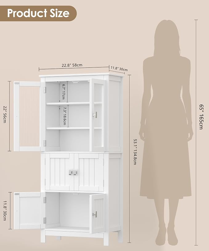 Akxomel 53.1" H Tall Bathroom Storage Cabinet, Bathroom Floor Cabinet with 6 Doors and Adjustable Shlef, Linen Cabinet, Pantry Cabinet for Living Room, Kitchen, Entryway, White