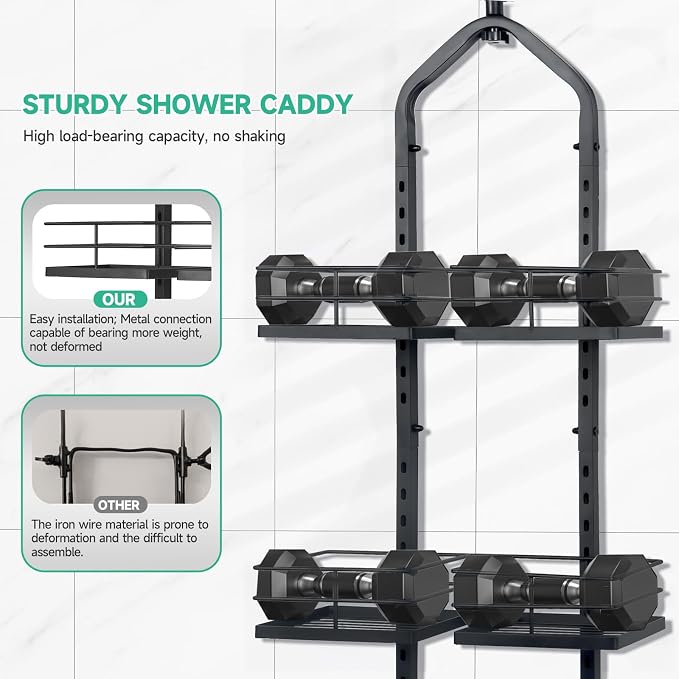 Shower Caddy Hanging for Handheld Showerheads Adjustable Hagging Shower Caddy, Stainless Steel Hose Hanging Shower Organizer 4 Levels Height Shower Rack（black