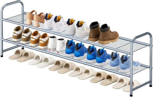 KEETDY 2-Tier Long Shoe Rack for Closet Shoe Organizer for Entryway, Metal Stackable Shoe Storage Shelf for 18 Pairs Sneakers with Strong Wire Grid, Gray