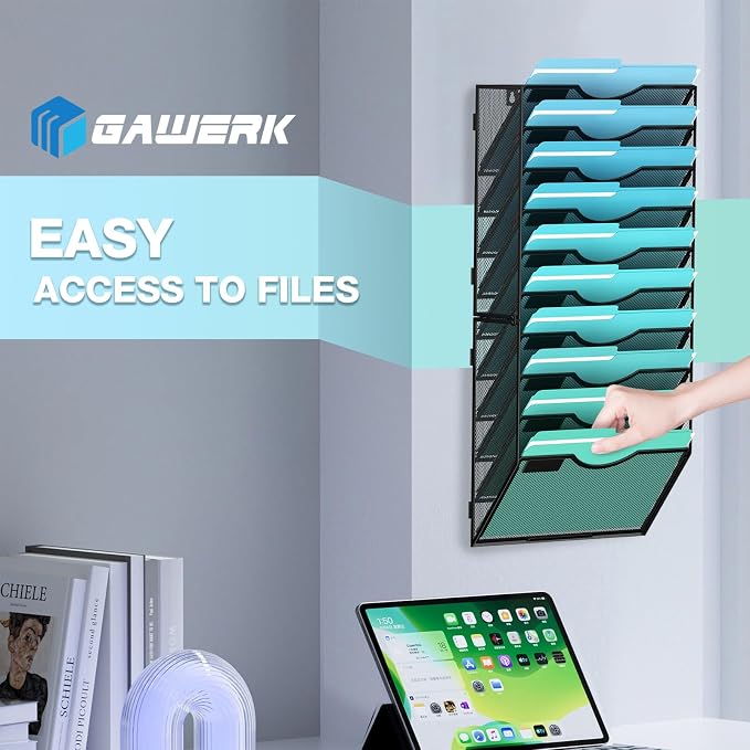 Gawerk 10-Tier Wall File Organizer Hanging Wall File Holder for Office | Wall Mount Paper Folder Organize, Mesh Magazine Document Mail Organizer Wall Organizer for Office School Home, Black