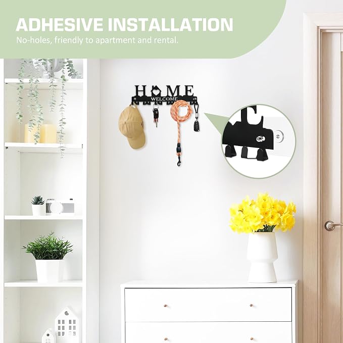Key Holder Wall Mount, Adhesive Key Hanger with 12 Hooks, Black | Metal Material, 2 Mount Options, Compact Design, Cute Wall Decoration, Suit for Entryway, Doorway, Hallway, RV, Garage