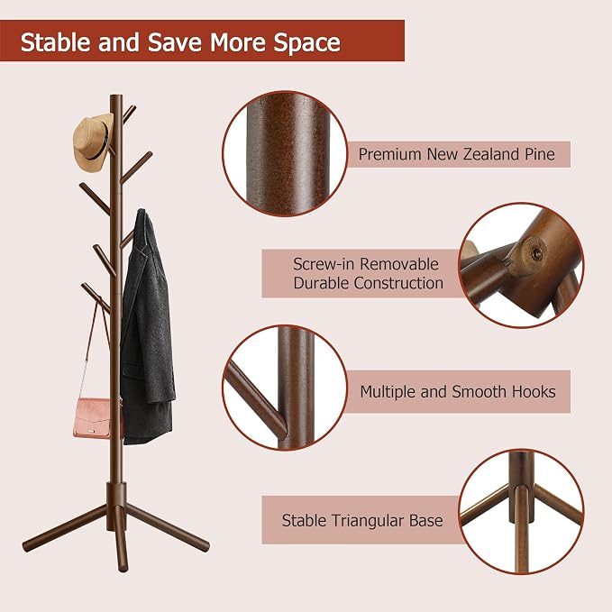 8-Hook Freestanding Coat Rack 3 Adjustable Heights Brown 2PCS | Easy Tool-Free Setup,Ideal for Entryway Bedroom Hallway Office,Holds Clothes Hats Handbags,Space-Saving Vertical Design