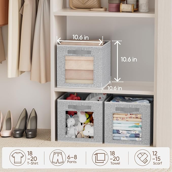 Foldable Storage Cubes - Square Organizer with Window, Decorative Baskets for Organizing, Fabric shelf Basket for Clothes, 11 Inch Closet Storage Cubes, Set of 12, Light Grey