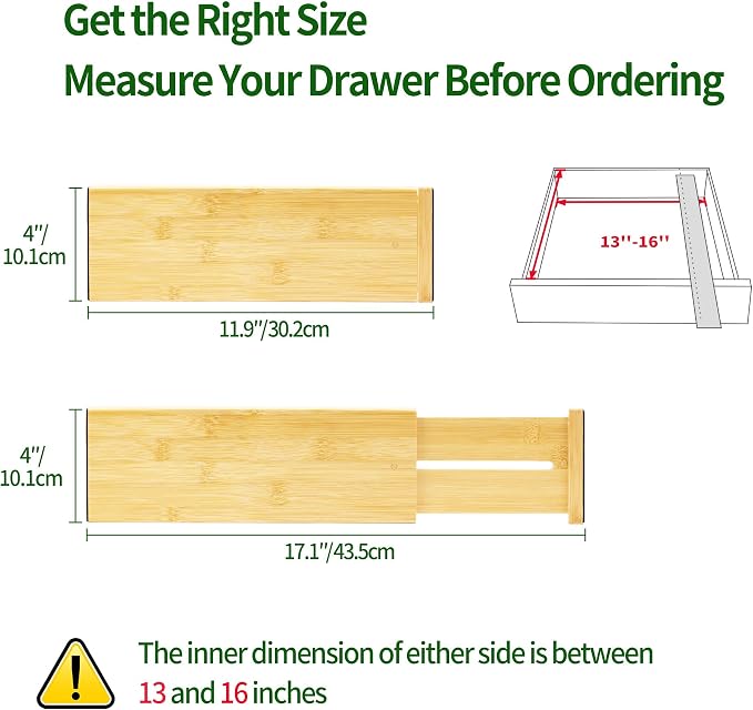 VaeFae 6 Pack Bamboo Drawer Dividers, 4" High Adjustable 11.9-17.1" Clothes Drawer Organizers, Expandable Separators for Bedroom/Bathroom/Kitchen/Office Storage