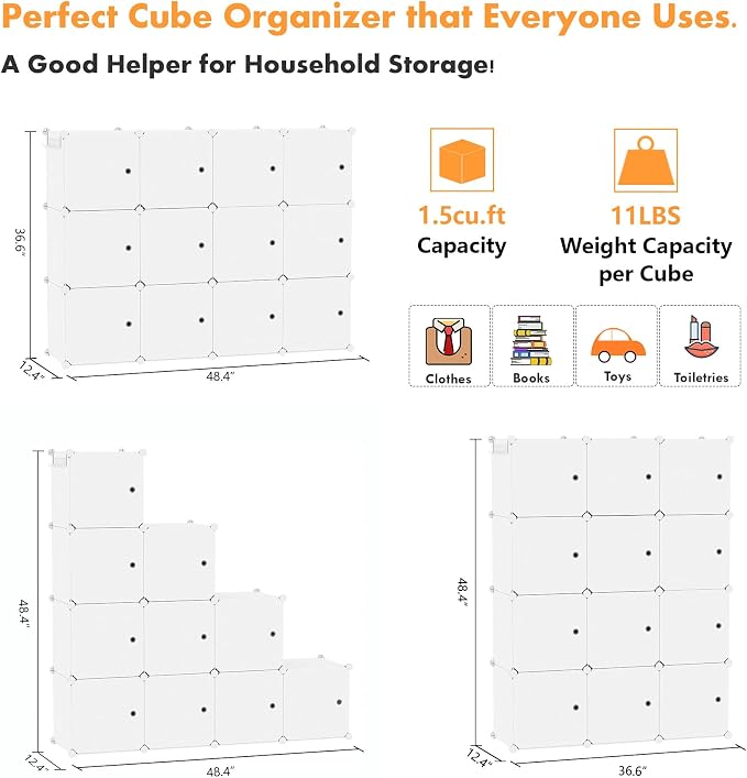 C&AHOME 12-Cube Storage Organizer with Door Cube Shelf Closet Cabinet Milky | DIY Plastic Modular Bookshelf, Stackable Clothes Storage Shelving Ideal for Home, Bedroom, 36.6”L x 12.4”W x 48.4”H