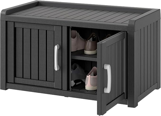 Outdoor Shoe Storage Cabinet, Waterproof UV-Resistant Entryway Storage Bench Indoor Outdoor with 2 Barn Doors, Adjustable Shelves for Entryway, Bedroom, Hallway,Living Room(Black)