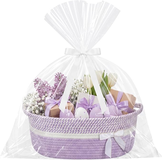 Colingmill 1 Set Woven Empty Basket for Gift,Light Purple White | with Cellophane Wrap Set, 14 x 10 x 5.5 Inch, Medium Decorative Gift Basket, Cotton Rope Storage Box, Home Decor