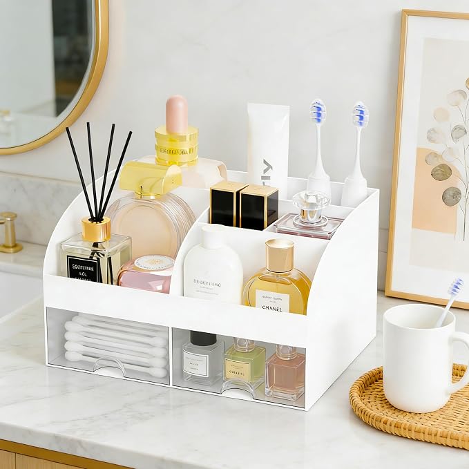 Makeup Organizer with 2 Drawers, Cosmetic Storage for Dresser Vanity and Bathroom Countertop,Make up organization and Skincare Storage with Beauty Brush Holder, Cosmetic Display Case 2Pcs White