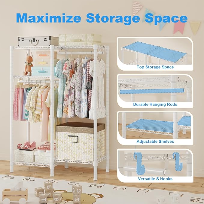 F1 Garment Rack for Kids, 4 Tiers Closet System Hold 410lbs, White | Clothing Rack for Baby and Children's Room, Small Freestanding Clothes Racks with 2 Hanger Rods, 31.2"W x 11.8"D x 48"H
