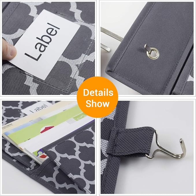 Over the Door File Organizer, Hanging File Folders, Wall Organizers and Storage for Mail, Magazine, Notebooks, Planners, Office, Classroom, 5 Extra Large Pockets (Grey Lantern Pattern)