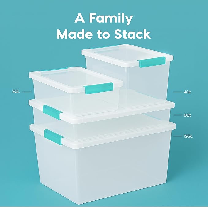 IRIS USA 6 Qt. Craft Storage Bins with Lids, 6-Pack, |Made in USA|, Clip Box, Small Plastic Sensory Bin Tote Organizer Containers for Art Supplies, Paper, & Office, Stackable - Clear/Seafoam Blue