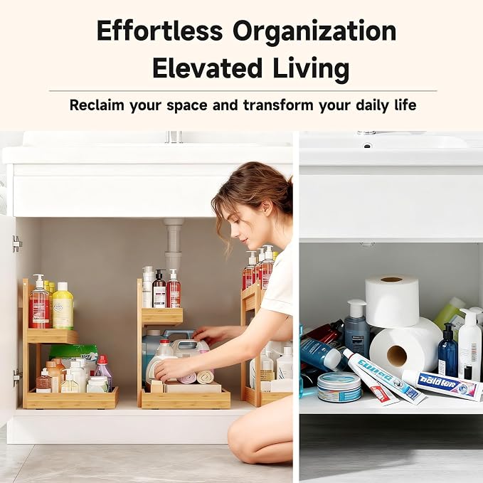 Bamboo Undersink Organizer Storage - 2-Tier Cabinet Shelf with Adjustable Levels, Under Sink Storage Slide Out for Cabinet Pantry Kitchen Bathroom (Natural, 2 Packs)