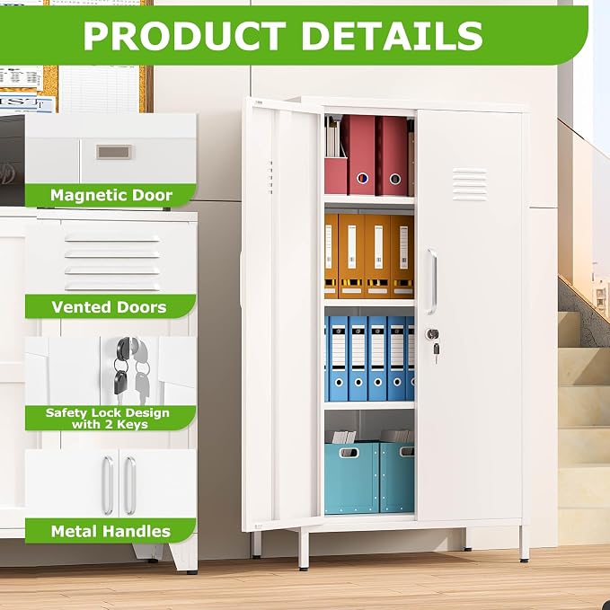 PAOFIN 47" Metal Storage Locker, Lockable Employees Metal Locker with 2 Door and Adjustable Shelves, Steel Locker for Home, School, Office, Gym (White)