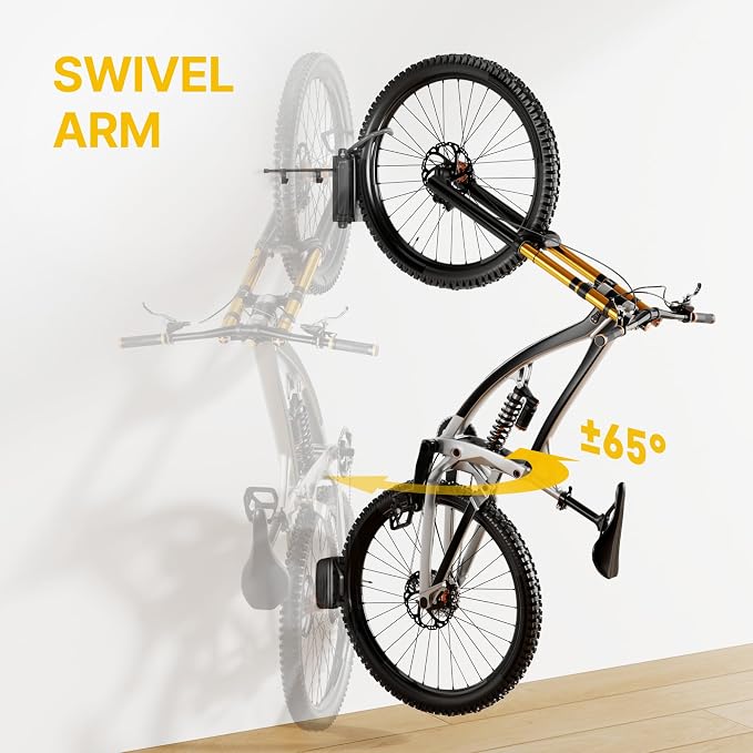 monTEK Swivel Bike Wall Mount with 2 Storage Hooks, Bike Hanger for Garage | Heavy-duty vertical bike storage rack holds 77 lb and swivels to save space; stores bike gear; fits tires up to 3.54 in wide