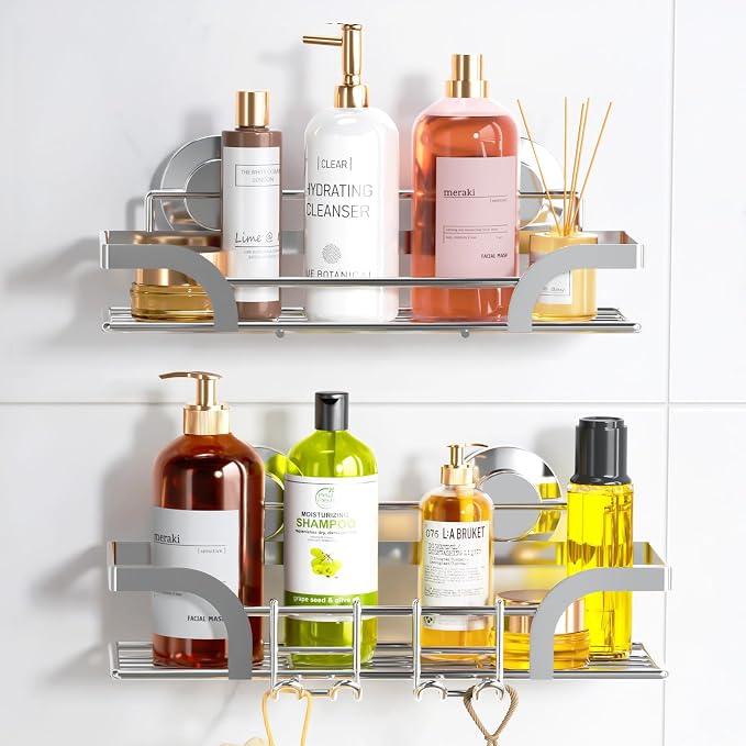LEVERLOC 2 Pack Shower Caddy Suction Cup, Shower Shelves for Inside, Silver | Rustproof Bathroom Storage NO-Drilling Bathroom Organizer, Heavy Duty Shower Storage Basket, Metal Shower Shelf