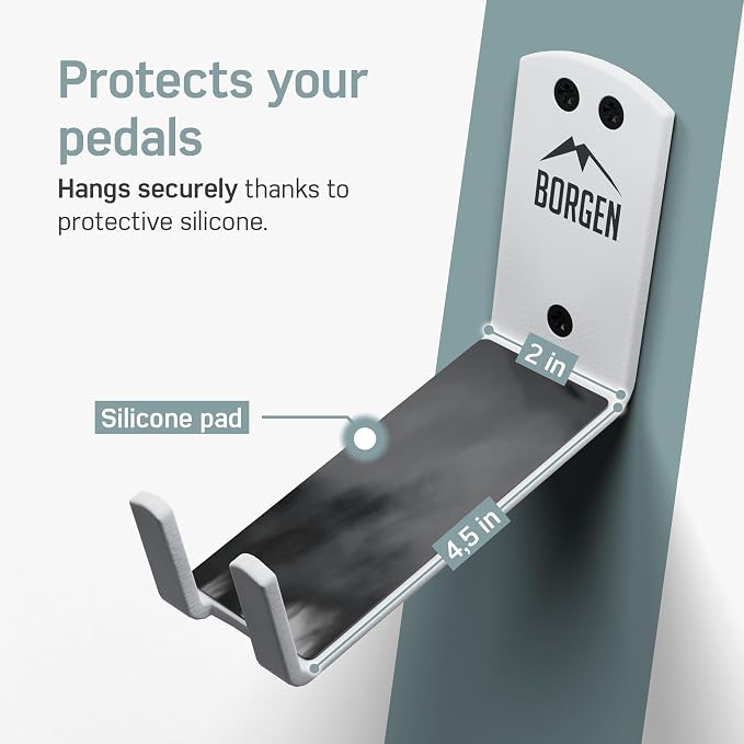 Borgen Wall Mount Pedal Hook for E-Bike & MTB - White | Sturdy support brackets and wall protection pads keep your bike secure, ideal for garage or shed storage indoors safely.