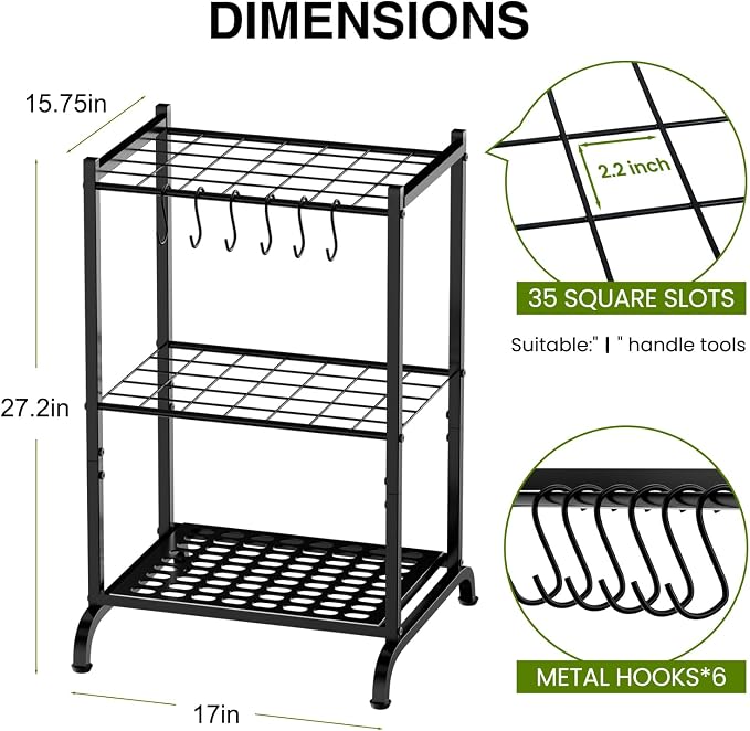 RANXFLOAT Garden Tool Organizer with Storage Hooks, Yard Tool Tower Rack for Garage Organization and Storage, Up to 35 Long-Handled Tools, Metal Tool Holder with 6 Hooks, Black