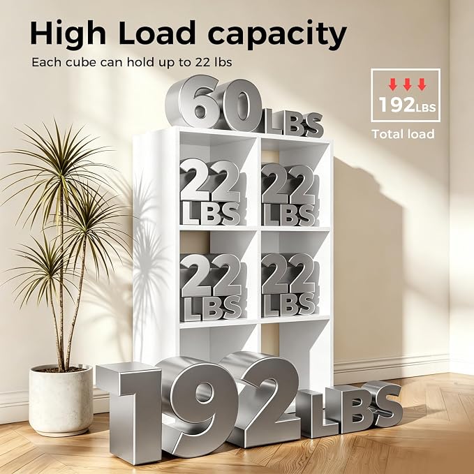 LUCKLIFE 6-Cube Storage Organizer, Stackable Modular Bookcase Shelf with Vertical or Horizontal Use, Fits 11×11" Bins, Optional Back Panels, for Living Room, Office, White