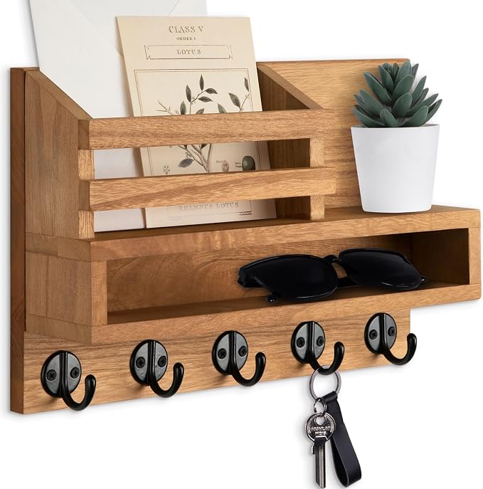 Key and Mail Holder Wall Mount, Key Hanger with Long Storage Box and Key Hooks for Coat, Dog Leash, Home Decor Rack, House Accessories, Entry Way Organizer