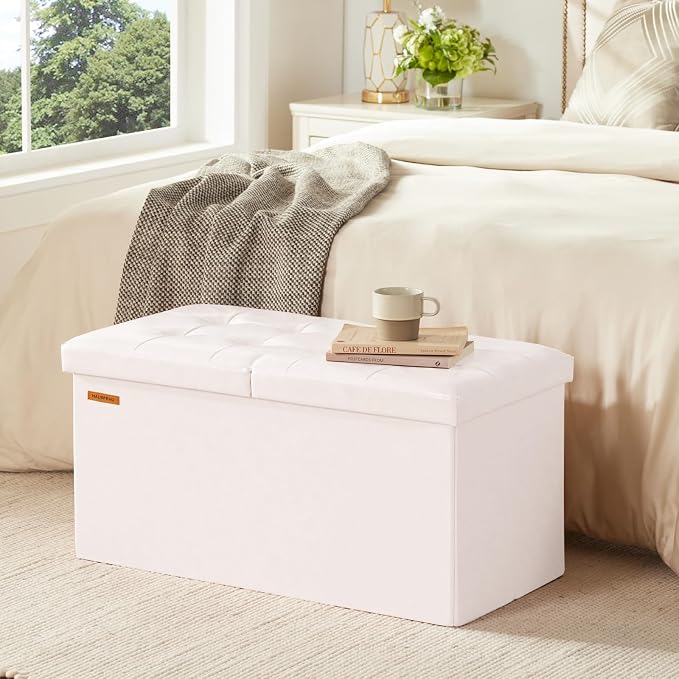 HAUSFRAU Ottoman with Storage Bench Folding Foot Rest Stool White | 30", Flip Lid, Faux Leather, Upholstered Foldable Footrest Footstool, Bedroom Bench, Living Room Dorm Ottoman, Rectangle