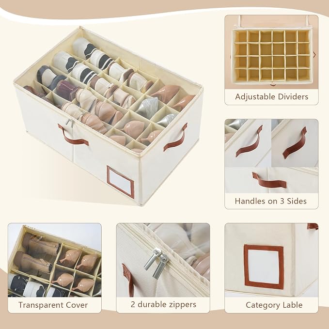 INSTY Shoe Organizer for Closet Fit 24 Pairs, Large Foldable Shoe Storage Containers Box Bin w/Adjustable Dividers and Clear Cover, Space Saving Shoe Storage Organizer Box, Beige