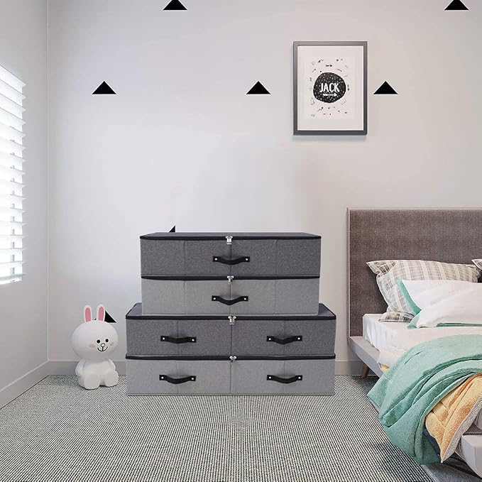 Under Bed Storage Bins with Lids, Closet Organizers, Foldable Under-bed Storage Baskets for Sheets, Clothes, Quilts, Sweaters, Wrapping Paper, 29x15x7inch, Black Gray, 2PCS