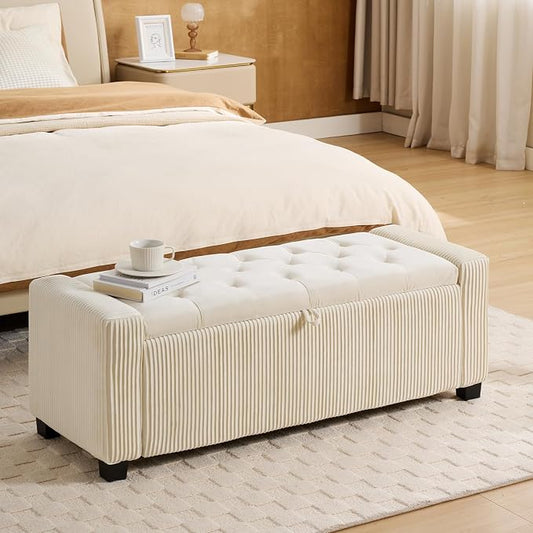 Storage Ottoman Bench, Bench for Bedroom End of Bed, Ottoman with Storage for Living Room and Entryway (Velvet White)