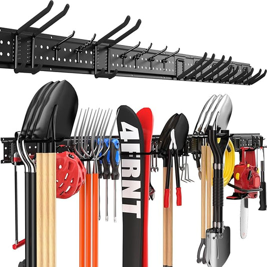 Garage Tool Organizer Wall Mount 66 inches with 13 Adjustable Heavy-Duty Hooks, Garage Organization, Garden Tool Storage Rack, Yard, and Shed, Holds Up to 520 lbs