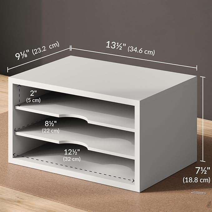 Ballucci File Organizer, 3-Tier Document Paper Sorter, Stackable Wood Desk Organizer, Mail Sorter and Monitor Stand with Storage Shelves, White