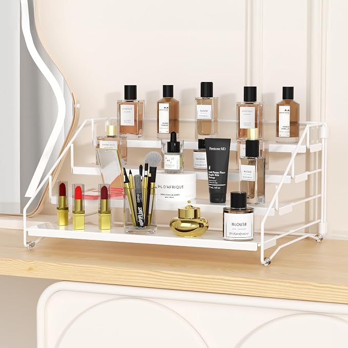 BOIVSHI Tiered Spice Rack, 4 Tier Spice Shelf Organizer for Cabinet, Spice Rack Organizer, Depth Adjustable Seasoning Rack Organizer for Cabinet, Countertop, Pantry, Metal, White (1 Pack)