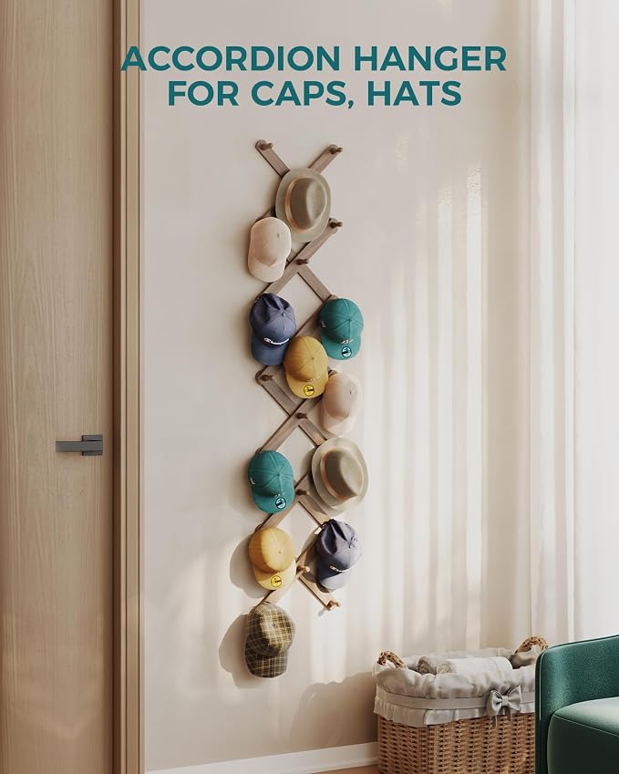 OROPY Accordion Wall Hanger with 20 Pegs, Expandable Wooden Coat & Hat Rack | Walnut Color, Hat Display Rack, X Shape Rack for Coat, Hats, Bags, Baseball Caps, Coffee Mug, Jewelry