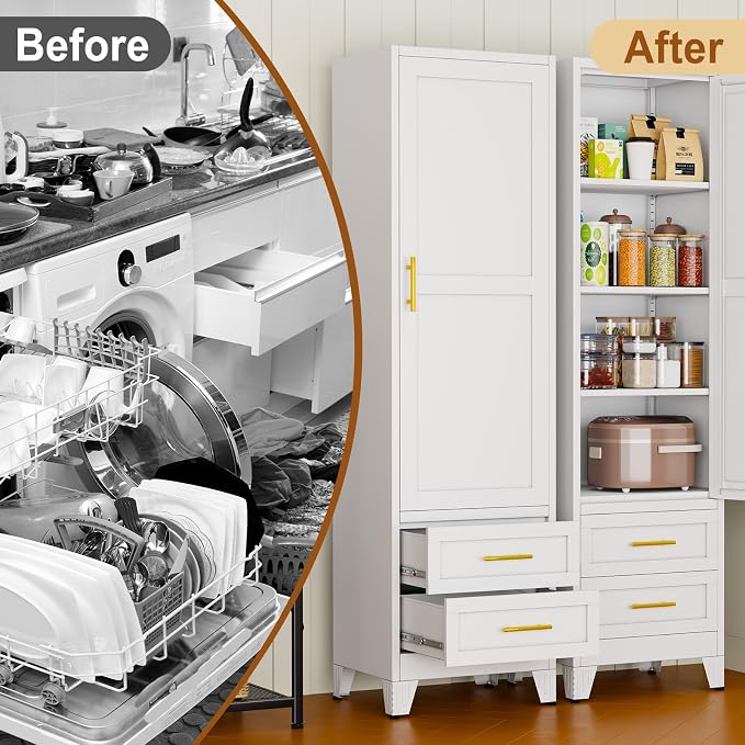 Tall Metal Narrow Storage Cabinet 67" H with 2 Drawer, White Pantry Cabinets with 3 Adjustable Shelves and Door,Tall Bathroom Cabinet for Kitchen, Home Office, Living Room, Dining Room