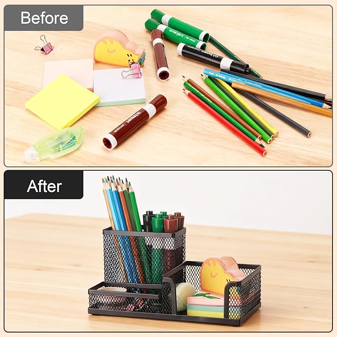 Comix Mesh Pen Holder, Desk Organizer for Home Office, Black | 3 Compartment Pencil Holder, Sticky Notes Holder, Pen Organizer Office Supplies