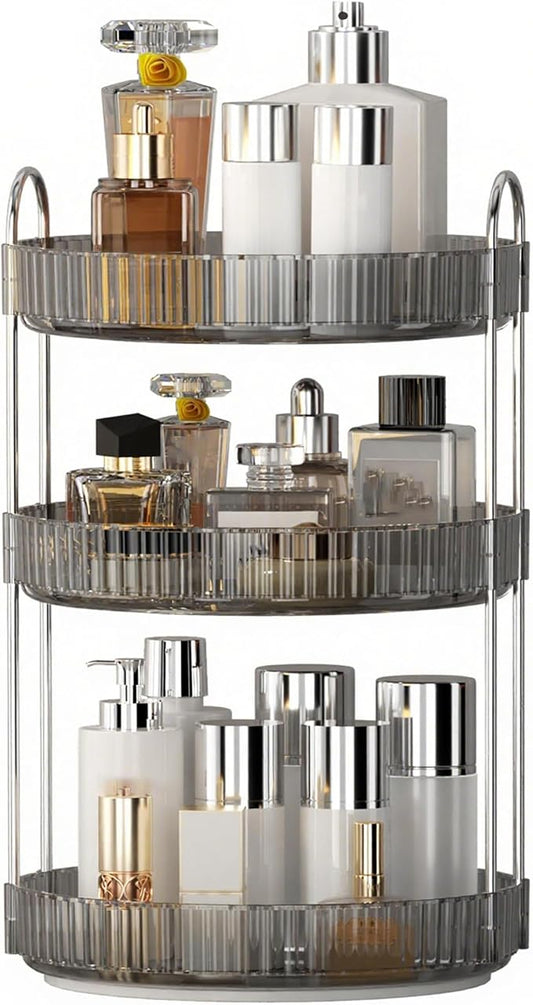 YCIA&DONE 360 Rotating Makeup Organizer and Storage for Vanity Countertop 3 Tiers, High Capacity Cosmetic Skincare Perfume Organizers for Dresser Bathroom Lazy Susan (Smoky Gray)