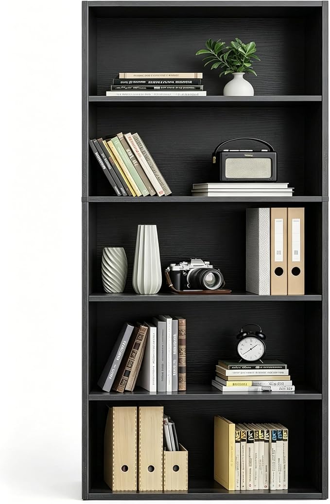 HealSmart 5 Tier Bookcase, Industrial 5 Book Shelf, 9.2" D x 23.8" W x 53" H Tall Open Cube Storage Organizer for Home Office, Living Room, Bedroom and Dinning Room, Black