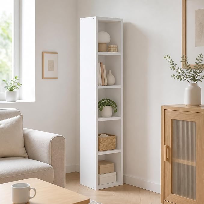 5-Cube Tall Cubicle Bookshelf, Cube Bookcase with Open Back, Reversible Book Shelf, Cube Storage Organizer, 15 x 16 x 72, for Living Room, Home Office, White