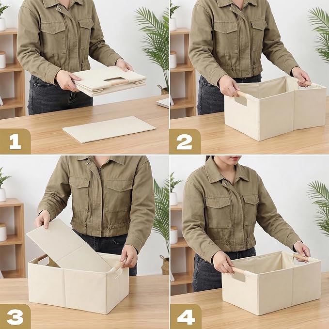 Foldable Fabric Storage Cubes, 2 Packs Cloth Storage Baskets with Wooden Handles, Collapsible Shelf Closet Organizer Bins, Rectangular Storage Boxes for Decor (Beige 2 Pack)