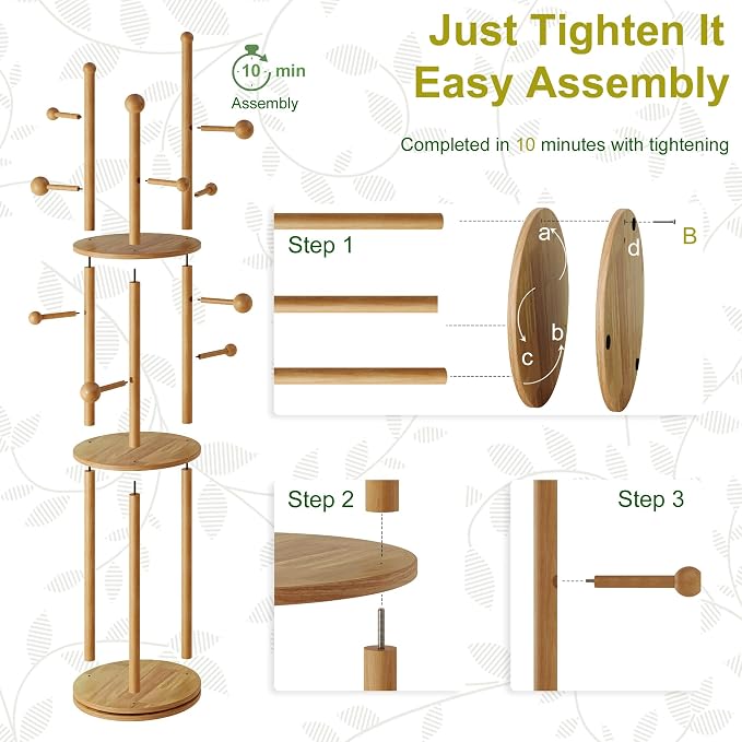 FROMJBEST Coat Rack Freestanding,Coat tree Entryway,Mid-Century,Nature Wood | Freestanding, Solid Wood, 9 Hooks & 3 Shelves, for Entryway, Hallway, Bedroom, Living Room, Office, Holds Bags, Hats, Purses