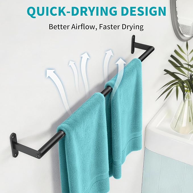 KLJKPA 2-Pack Towel Bar for Bathroom, 24 Inch Towel Rack, Matte Black | Heavy Duty Single Towel Rod, Space-Saving Hand Towel Holder, Toilet Kitchen Towel Storage, Rustproof, Stainless Steel