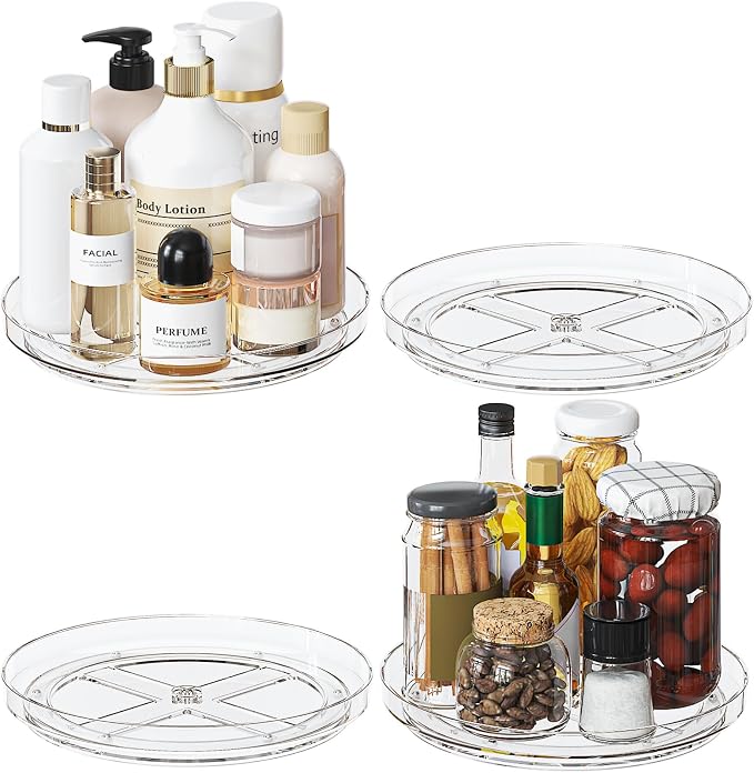 4 Pack 9 Inch Clear Lazy Susan Turntable Organizer, Non-Skid Rotating Tray for Cabinet, Kitchen Pantry Organization and Storage, Acrylic Spinner for Refrigerator, Bathroom Vanity and Spice Rack