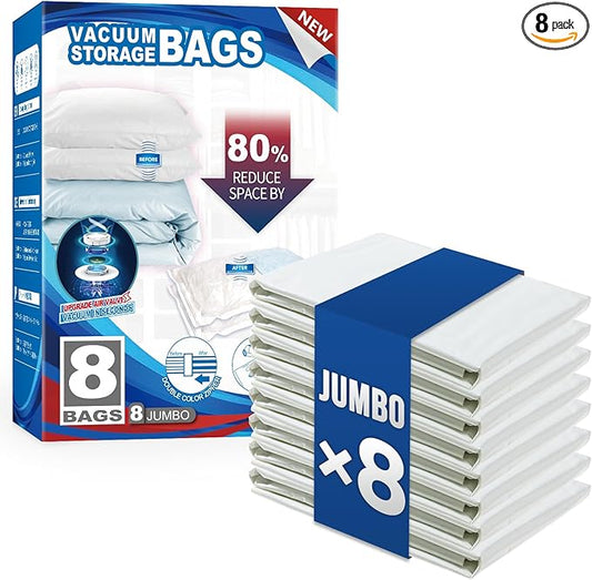 TAILI 8 Pack Vacuum Storage Bags, Jumbo Size (31×40 inch), Cream | Vacuum Seal Bags for Clothing, Extra Large Space Saver for Bulky Beddings, Comforters, Blankets, Pillows, Reusable