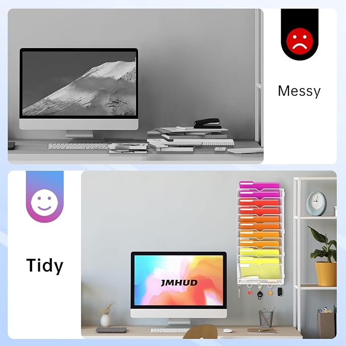 11-Tier Wall File Organizer with Base and Hooks, Hanging Organizer, White | Wall Organizer and Wall File Holder with 11 Vertical Pockets and Bottom Tray for Files, Mail, Folders, Magazines and Paper