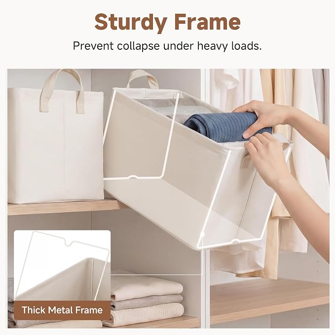 StorageWorks Fabric Storage Bins, Large Storage Baskets for Shelves, Closet Organizers and Storage Bins with Metal Frame, Handles, Beige, Cool Silky Fabric, 2-Pack